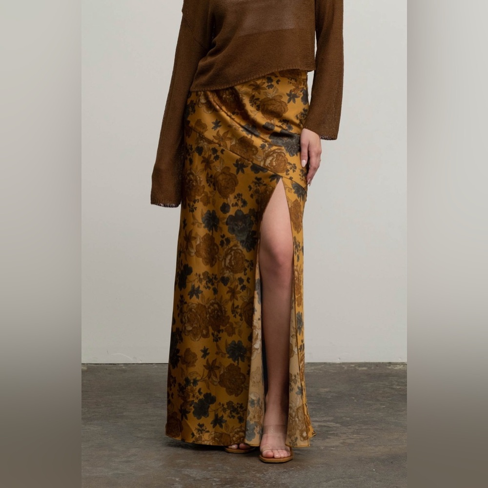 Floral Asymmetrical Side Slit Satin Skirt in Gold Multi